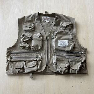 Vintage Woodfield Vest Mens XL Beige Canvas Full Zip Utility Outdoor Fishing